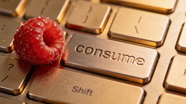Custom-made premium keyboard with the key "consume" and a freshly grown rasberry placed next to the keyboard