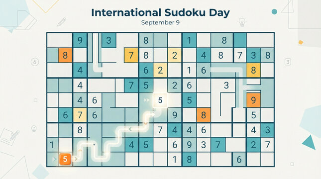 International Sudoku Day September 9. Modern logic number puzzle game with irregular shapes. Teal and orange design template for brain teasers, entertainment, education