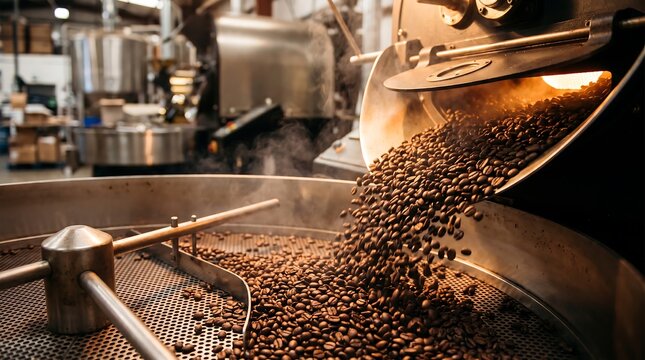 Freshly Roasted Coffee Beans Pouring into Industrial Roaster Cooling Tray in Factory