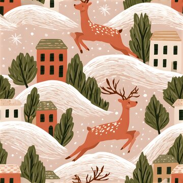 Patterns with deer jumping over houses and hills in a winter scene