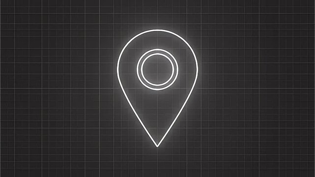 Glowing white location pin icon on dark grid background