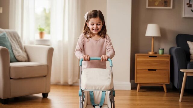 Little girl pushing a toy stroller in a living room. Happy child playing with a toy pram at home. Childhood and play concept