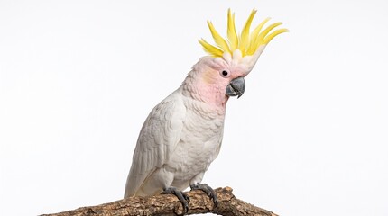 Exotic pink cockatoo parrot with raised yellow crest resting on a tree branch isolated on solid white background © Blessing