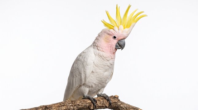 Exotic pink cockatoo parrot with raised yellow crest resting on a tree branch isolated on solid white background