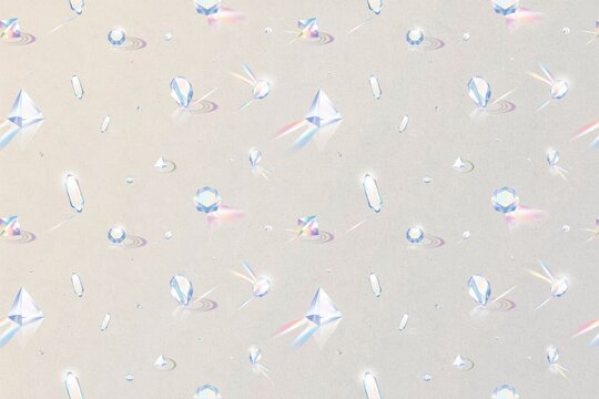 Seamless pattern of various small crystal shapes and gemstones floating on a light beige background, with soft light, refractions and flares
