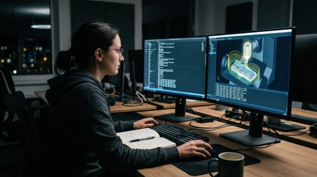 Software engineer reviewing G-code simulation, toolpaths, and a milling machine model on dual monitors