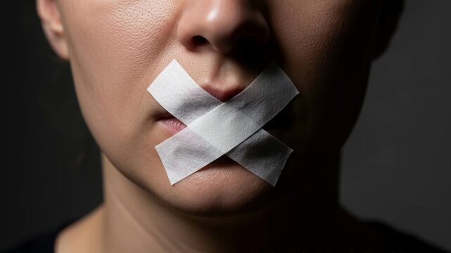 Closeup of a person with mouth taped shut