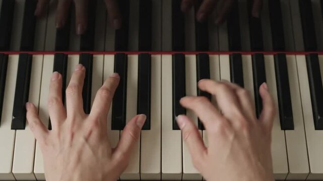 Closeup of hands playing the piano, topdown view of keys and fingers