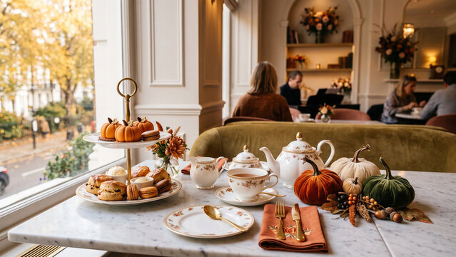 Elegant Autumn Afternoon Tea Setting with Pumpkins and Seasonal Cafe Decor
