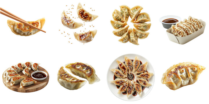 A set of gyoza dumplings, isolated on a transparent background PNG