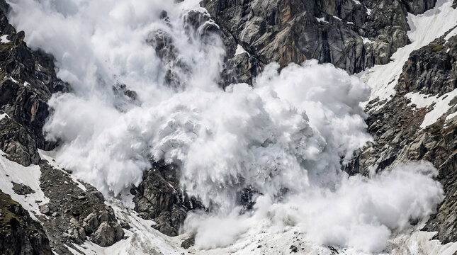 Extreme close-up of a massive snow avalanche descending a rocky mountain slope with swirling snow clouds
