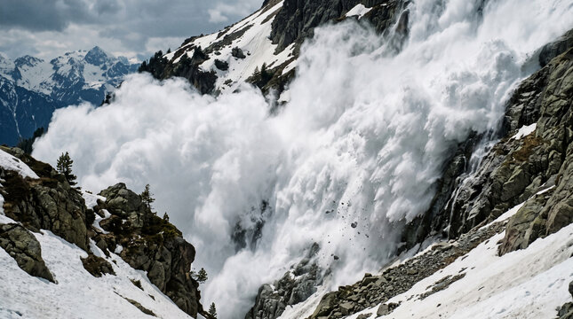 Extreme close-up of a massive snow avalanche descending a rocky mountain slope with swirling snow clouds