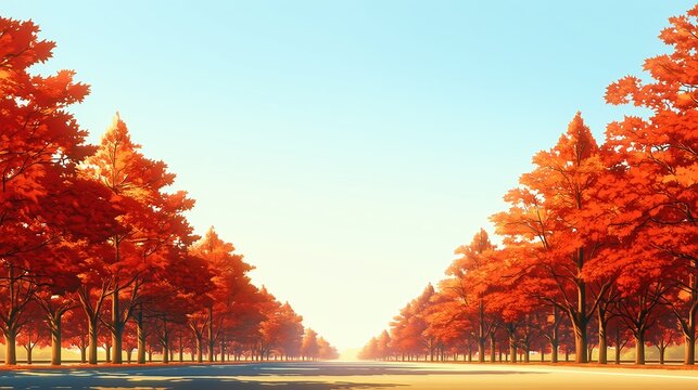 紅葉した並木道が続く奥行きのある秋の風景