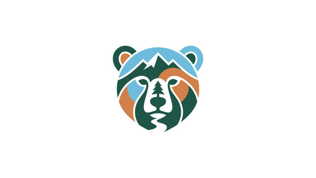 Stylized Bear Head Logo With Mountain And Forest Landscape