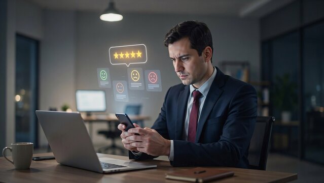 Businessman using smartphone with holographic customer feedback