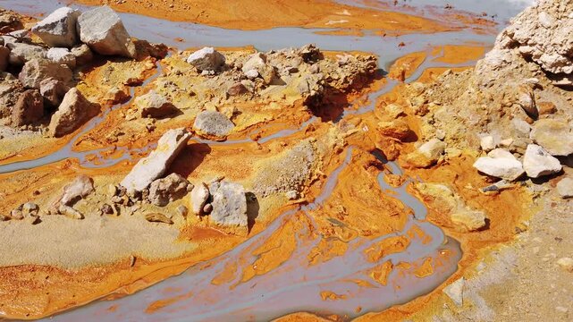  Toxic gold mining residual waters from gold mine flowing and polluting environment. Rosia Montana, Romania