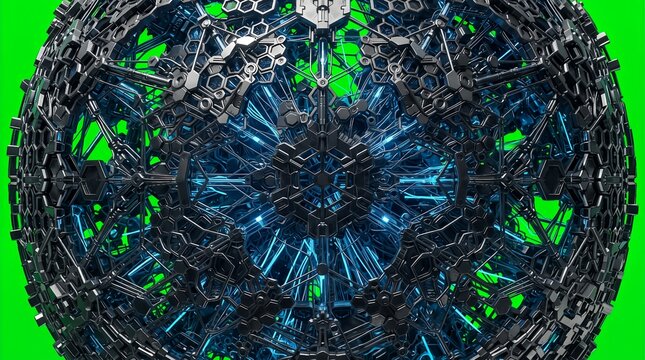 Futuristic cybernetic metallic nanite mesh structure isolated on solid green screen