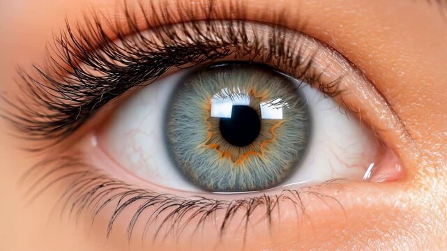 Human eye blinking in extreme close up as long eyelashes close and reopen against softly lit skin