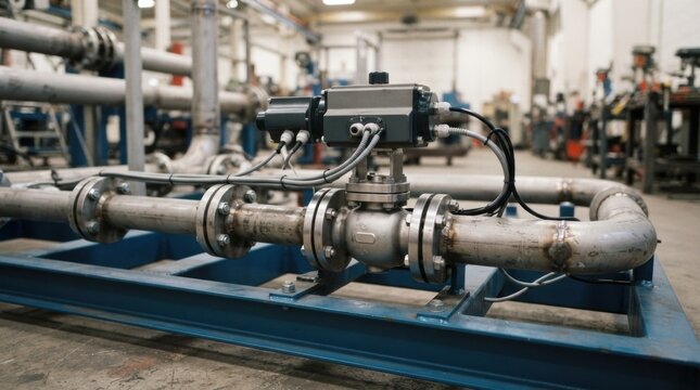 Automated flow control setup with control valve, actuator housing, steel pipeline, sensor cable, and industrial skid components.