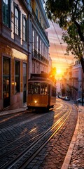 Obraz premium Yellow tram climbing a historic cobbled street in lisbon during a picturesque sunset, reflecting golden light