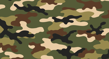 Fototapeta premium Camouflage Pattern - Green, Brown, Black, Tan Military Fabric Texture