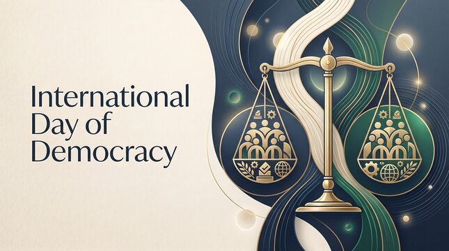 Elegant International Day of Democracy Poster with Scales of Justice, Gold and Teal Abstract Background for Social Media and Web Banner