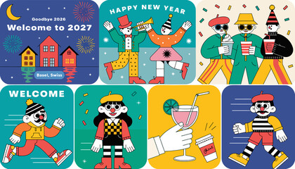 Fototapeta premium Creative New Year Celebration Illustrations: Diverse Characters and Festive Scenes