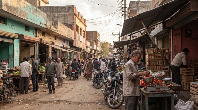 Local Indian Market Street Scene with a Vegetable Seller Weighing