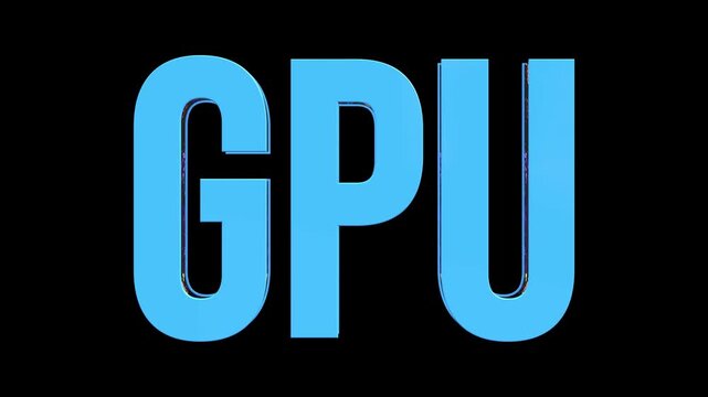 3D Blue GPU Text Animation with Glossy Glass Effect on Black Background