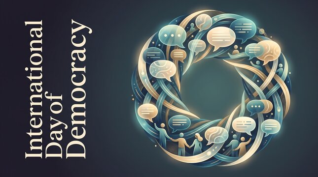 International Day of Democracy Banner with Diverse People Holding Hands and Speech Bubbles in a Glowing Circular Frame for Unity and Global Voice
