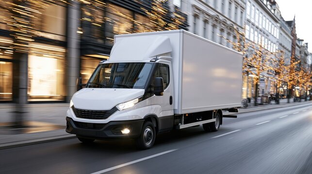 White delivery truck drives quickly along a city street during the early evening hours