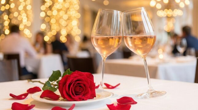 Two glasses of white wine and a red rose on a romantic restaurant table