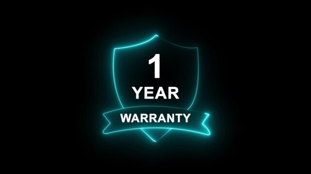 Glowing Neon Shield Emblem with "1 Year Warranty" Text, Security Guarantee Concept