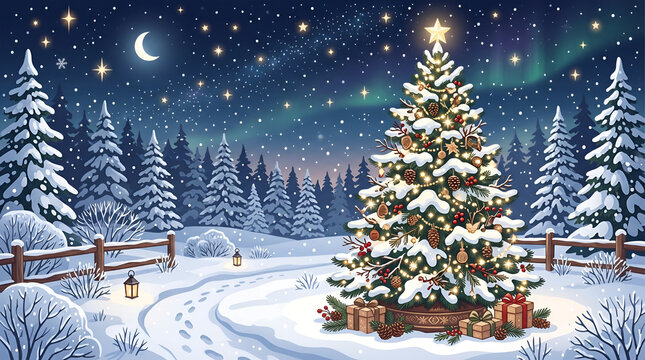 Snowy Outdoor Christmas Tree with Glowing White Lights and Pinecones Vector Illustration