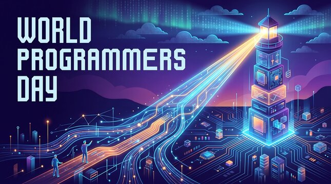 Futuristic World Programmers Day Concept Illustration with Neon Lighthouse made of CPUs, Data Pathways, and Circuit Board City Background