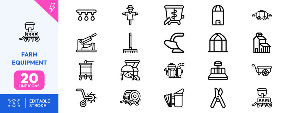 Agricultural machinery set. tractor, plow, silo, scythe, shovel, wheelbarrow, feed trough, grain sack, haystack, pump, watering can, fence. Editable stroke. Vector illustration.