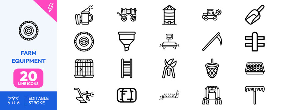 Agricultural tool set. Plow, shovel, silo, grain hopper, tractor, pitchfork, scythe, wheelbarrow, feed trough, and sack. Editable stroke. Vector illustration.