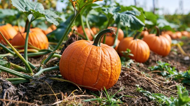 Orange pumpkins grow on green vines in the soil during a bright day in a home garden