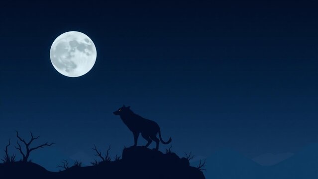 Silhouette of a wolf standing on a cliff under a full moon in a dark blue night sky