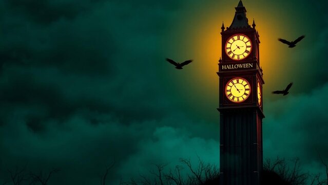 Spooky halloween clock tower at night with dark clouds and flying crows, atmospheric gothic scene with glowing clock faces and eerie lighting