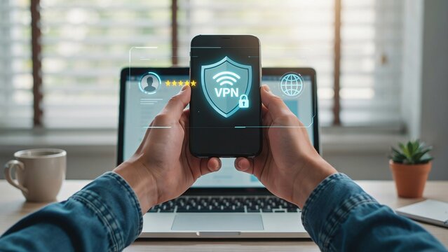 Hands holding smartphone with vpn security shield overlay