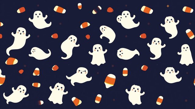 Seamless pattern with cute ghosts and candy corn on a dark blue background for halloween
