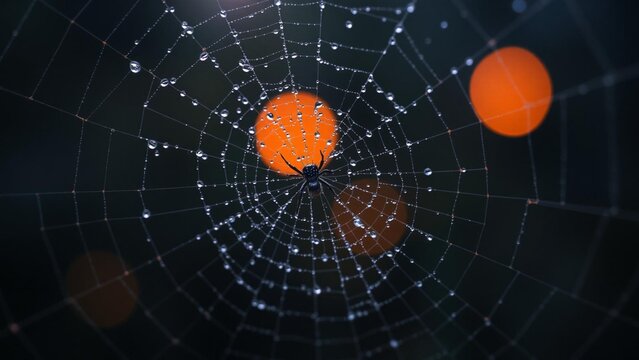 A small spider sitting in the center of a dewcovered spider web against a dark background with orange bokeh light circles