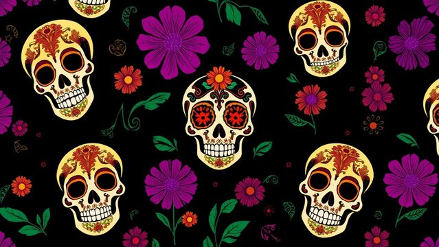 Day of the dead seamless pattern with decorative sugar skulls and colorful flowers on black background, dia de los muertos wallpaper design