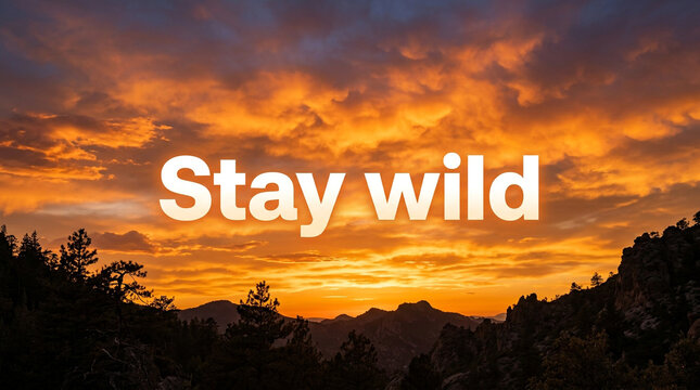 Stay wild motivational quote on sunset sky, orange mountain landscape with inspirational text, wilderness adventure background