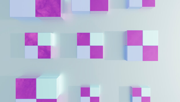 Top view of patterned purple and white 3d cubes arranged in a grid