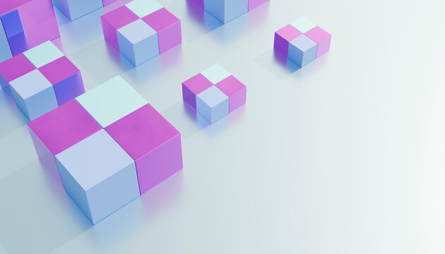 3d arrangement of purple and blue cubes on a reflective minimalist