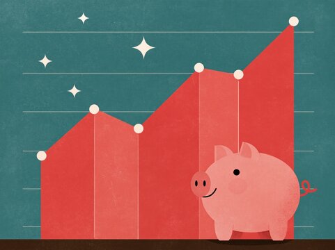Piggy bank beside a rising red stock chart representing financial growth and increasing savings
