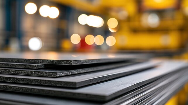 Stacked metal plates sit inside a bright manufacturing plant during the middle of the work day