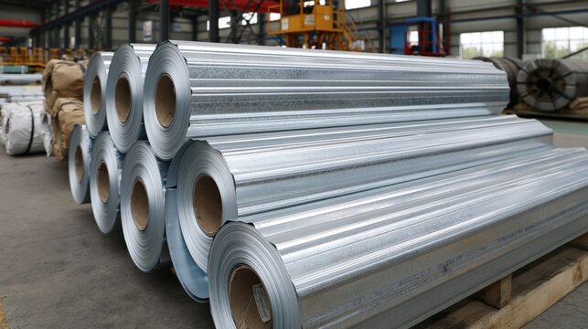 Zinc coated steel coils are neatly arranged on wooden pallets in a warehouse production facility